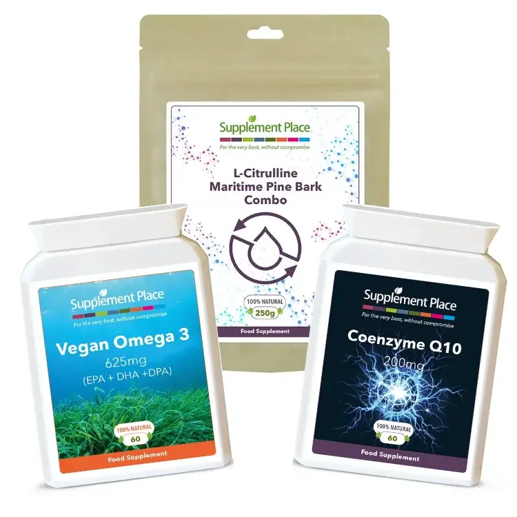 Healthy Heart Bundle. Vegan omega 3 capsules, CO Enzyme Q10 capsules, L-Citrulline & Pine Bark combo powder. Product Image