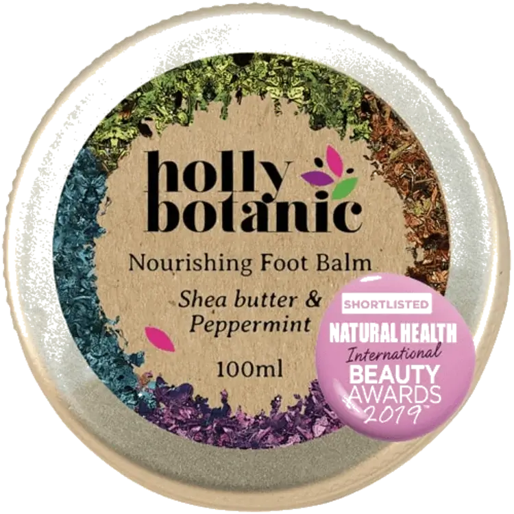 Nourishing Holly Botanic Foot Balm in 100ml tin, lid closed. With Natural Beauty 2019 Awards logo.