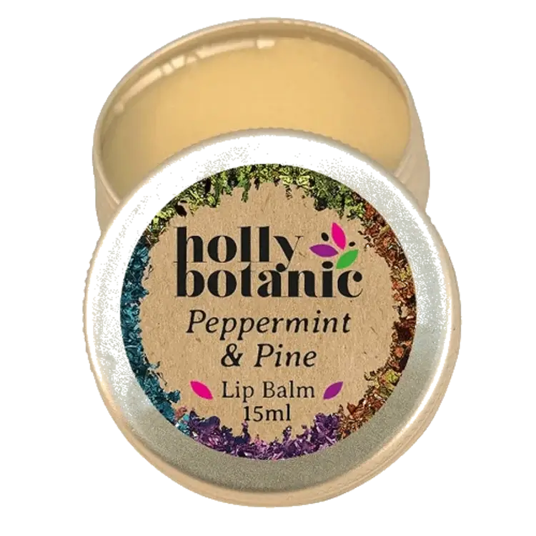 Peppermint and Pine natural lip balm in 15ml tin, lid open.