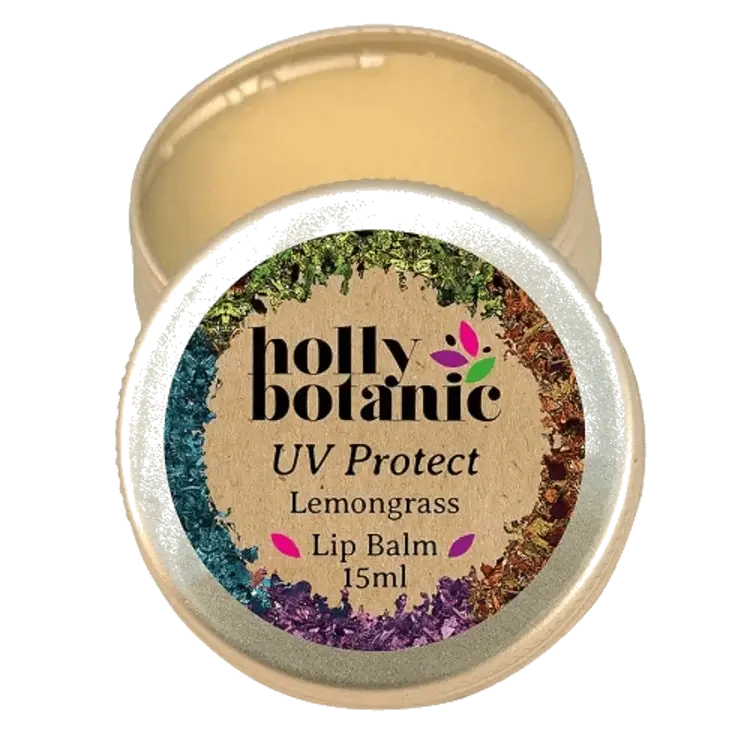 UV Protect Lip Balm in 15ml tin, lid open.
