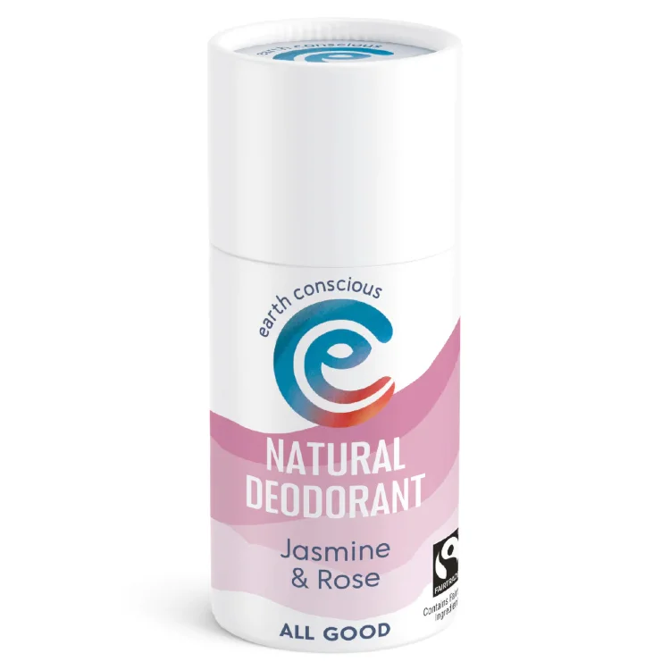 Earth conscious natural stick deodorant, jasmine & rose scented. Plastic-free packaging, pure ingredients, 60g.