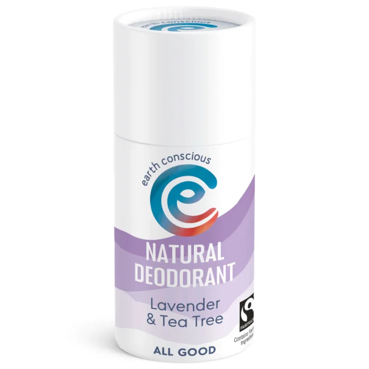 Earth conscious natural stick deodorant, lavender & tea tree scented. Plastic-free packaging, pure ingredients, 60g.