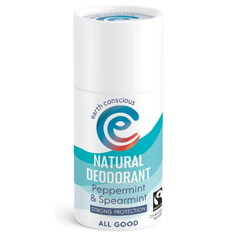 Earth conscious natural stick deodorant, peppermint & spearmint scented. Plastic-free packaging, pure ingredients, 60g.