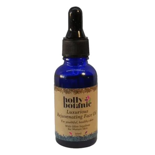 Holly Botanic rejuvenating face oil bottle only. 30ml blue, recyclable glass bottle with pipette.