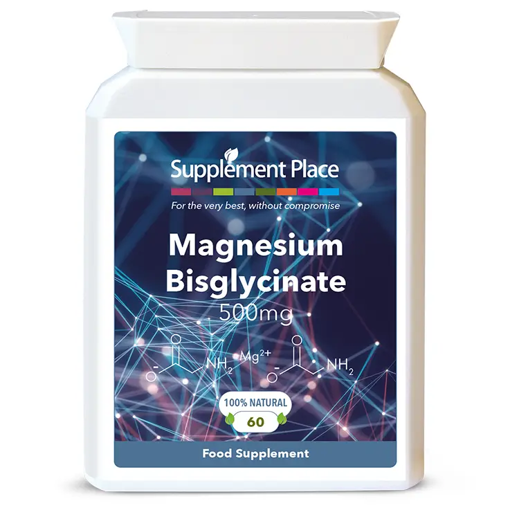Magnesium bisglycinate supplied in 500mg capsules providing 100mg of elemental magnesium. Chelated and buffered. Front label.