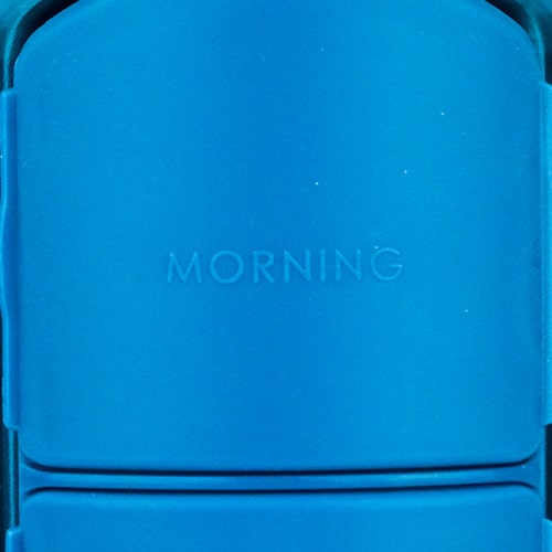 YOS Bottle | 375ml water bottle with close up of morning compartment capsules dispenser | Blue