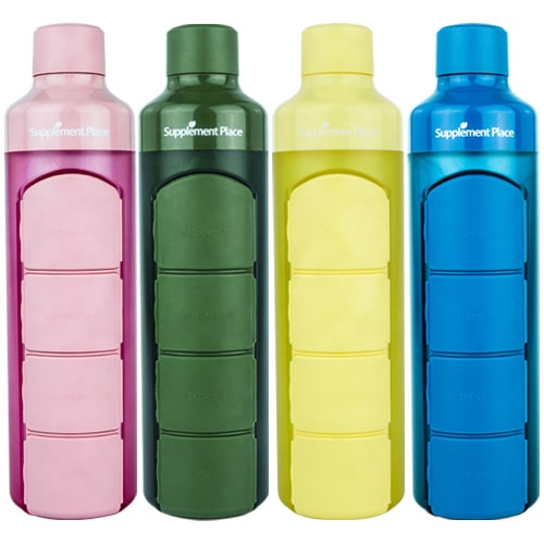 YOS Bottle and Pill Box | 375ml water bottle with 4-compartment capsules dispenser | All colours