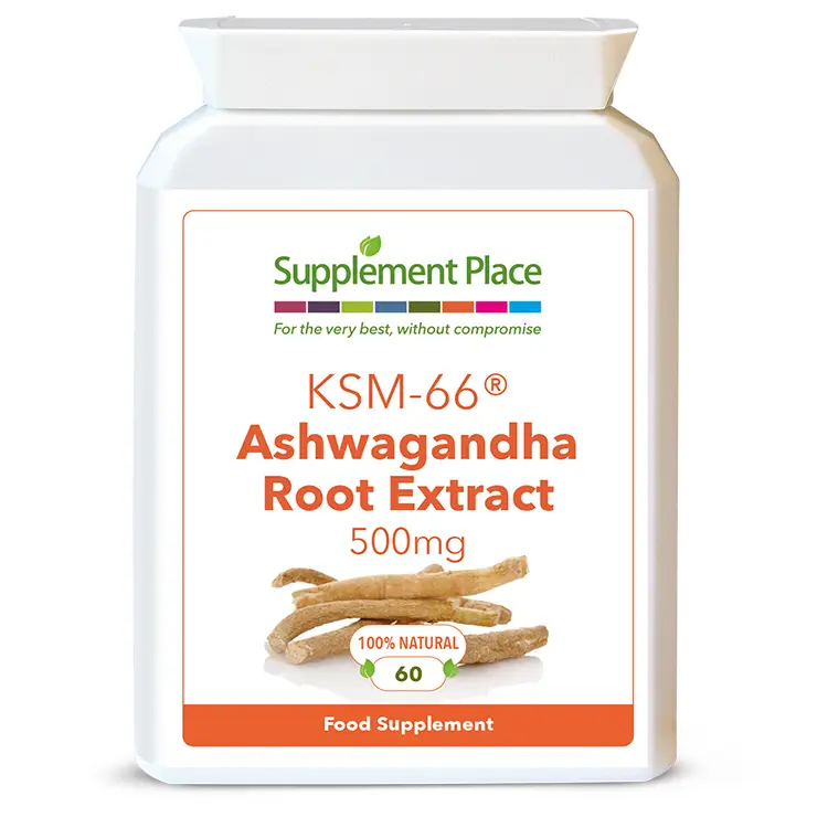 Ashwagandha root extract with 5% withanolides supplied in 500mg capsules in a letter-box friendly container. Front view showing front label