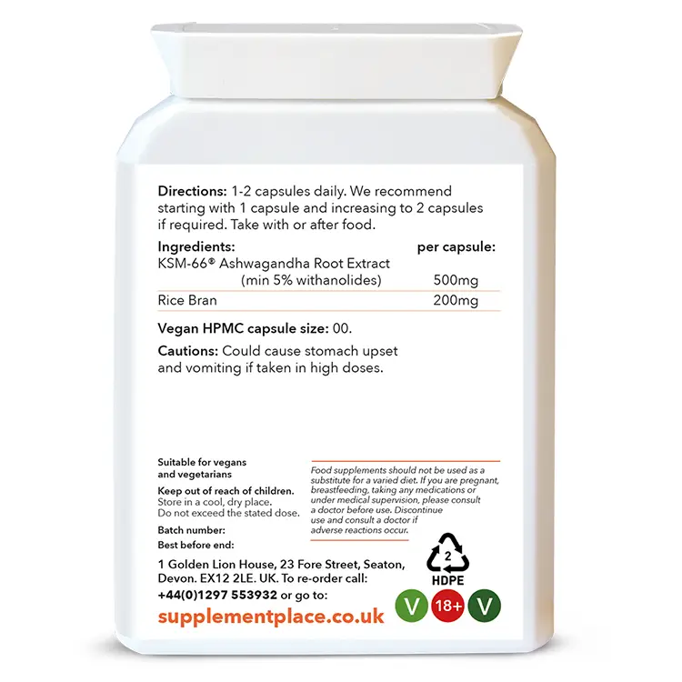 Ashwagandha root extract with 5% withanolides supplied in 500mg capsules in a letter-box friendly container. Rear view showing rear label.