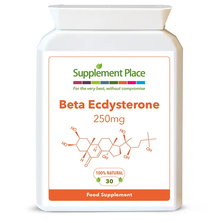 Beta Ecdysterone providing 250mg per capsule with black pepper extract for bioavailability in letter-box friendly pot. Front label.