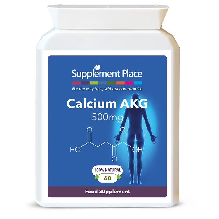 Calcium Alpha-Ketoglutarate 500mg Capsules providing 21% calcium in a letterbox-friendly pot. Front label.