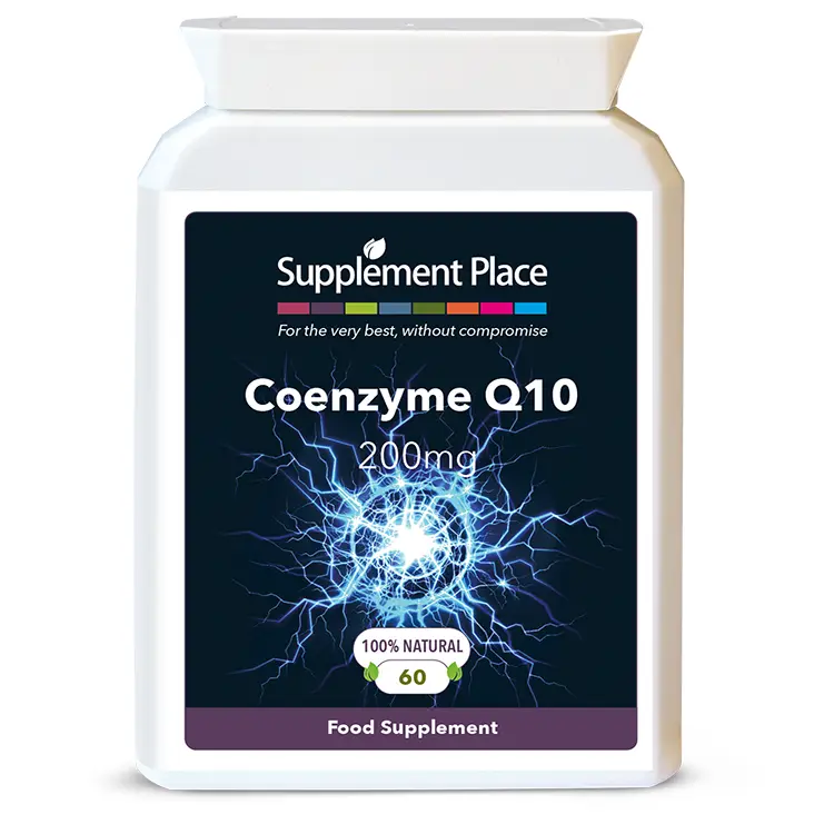 Co Enzyme Q10 200mg capsules in a letterbox-friendly pot for a natural energy boost. Front label.