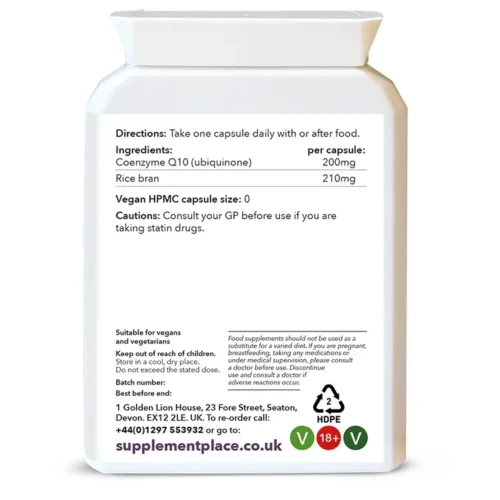 Co Enzyme Q10 200mg capsules in a letterbox-friendly pot for a natural energy boost. Rear label.