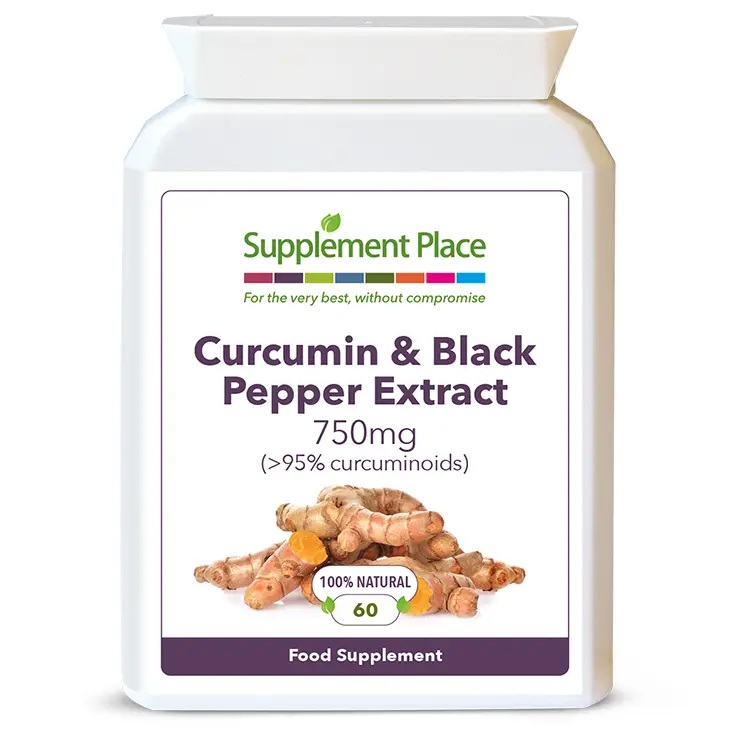 Curcumin (turmeric extract) 750mg capsules providing 95% curcuminoids with black pepper extract for bioavailability. Front label