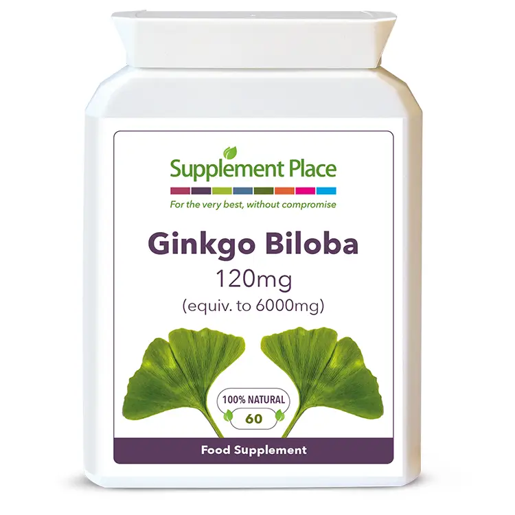 Ginkgo Biloba leaf 50:1 extract in 120mg capsules (equivalent to 6000mg). Pot and front label.
