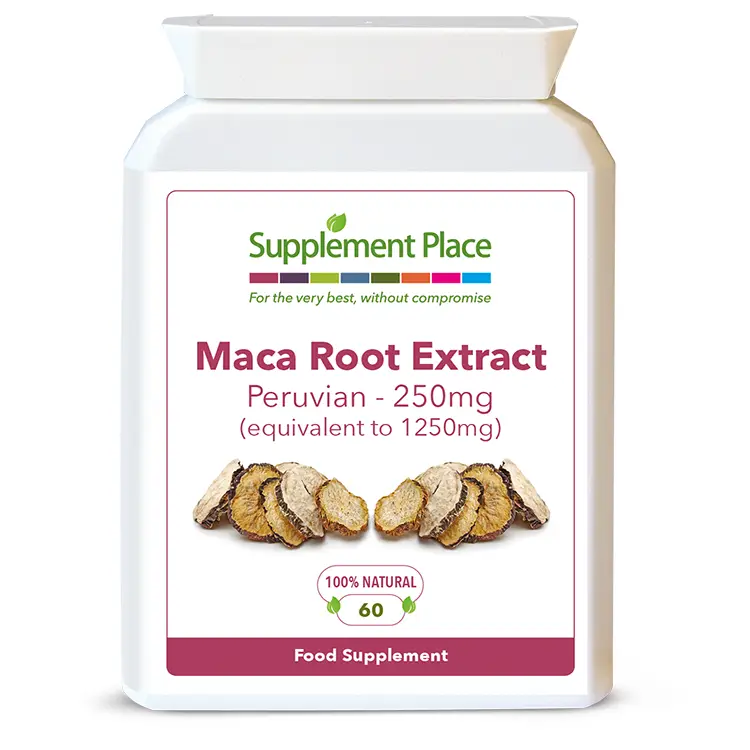 Peruvian Maca extract supplied in 250mg capsules equivalent to 1250mg in a letterbox-friendly pot. Front label.