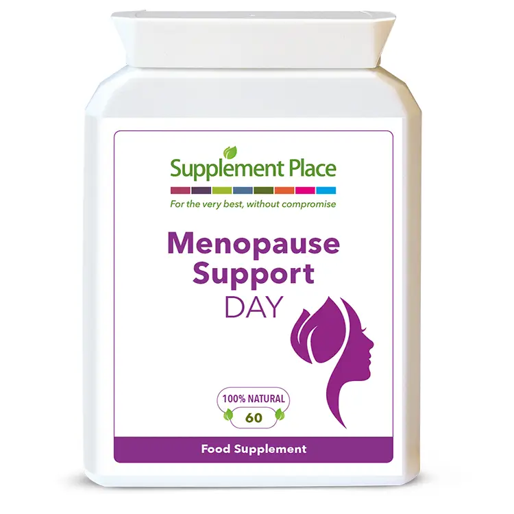 Menopause support day capsules containing 7 natural ingredients in a letterbox-friendly box. Front label.