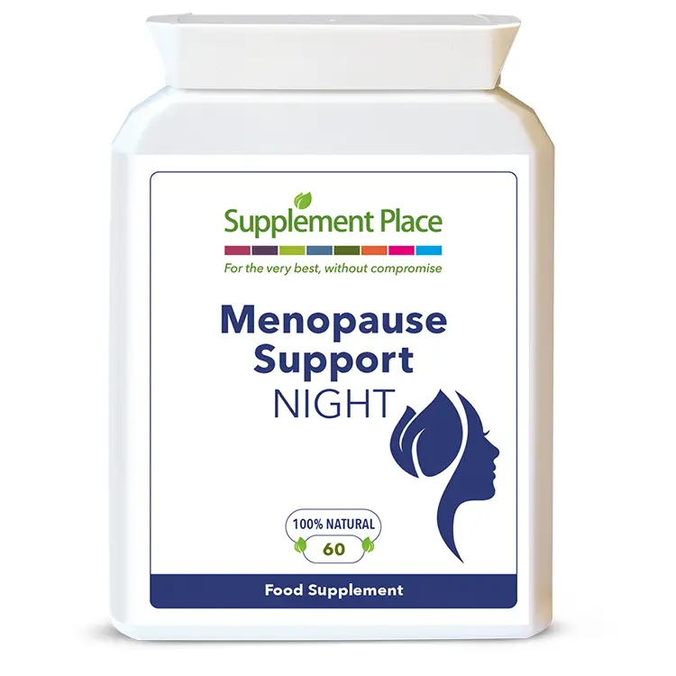 Menopause support night capsules containing 8 natural ingredients in a letterbox-friendly pot. Front label.