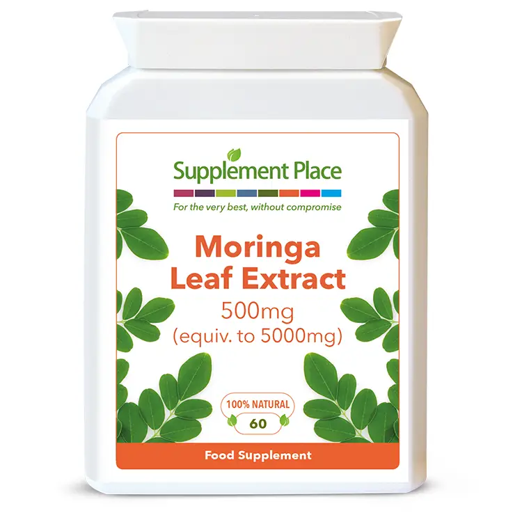 Moringa leaf extract supplied in 500mg capsules equivalent to 5000mg in a letterbox-friendly pot. Front label.