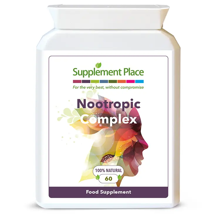 Nootropic Complex capsules containing 14 natural compounds to support the brain in a letterbox-friendly pot. Front Label