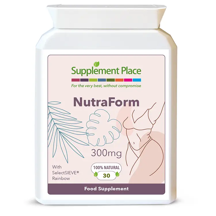NutraForm with SelectSIEVE Rainbow supplied in 300mg capsules of fruit and rice extracts providing polyphenols, anthocyanins, proteolytic enzymes and natural fibres. Designed for toning and cellulite reduction. Front Label.