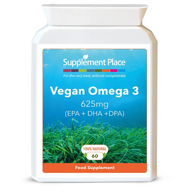 Vegan Omega 3 supplied in 625mg capsules providing EPA, DHA and DPA in a letterbox-friendly box. Front label.
