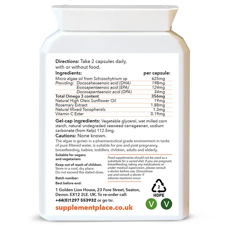 Vegan Omega 3 supplied in 625mg capsules providing EPA, DHA and DPA in a letterbox-friendly box. Rear label.