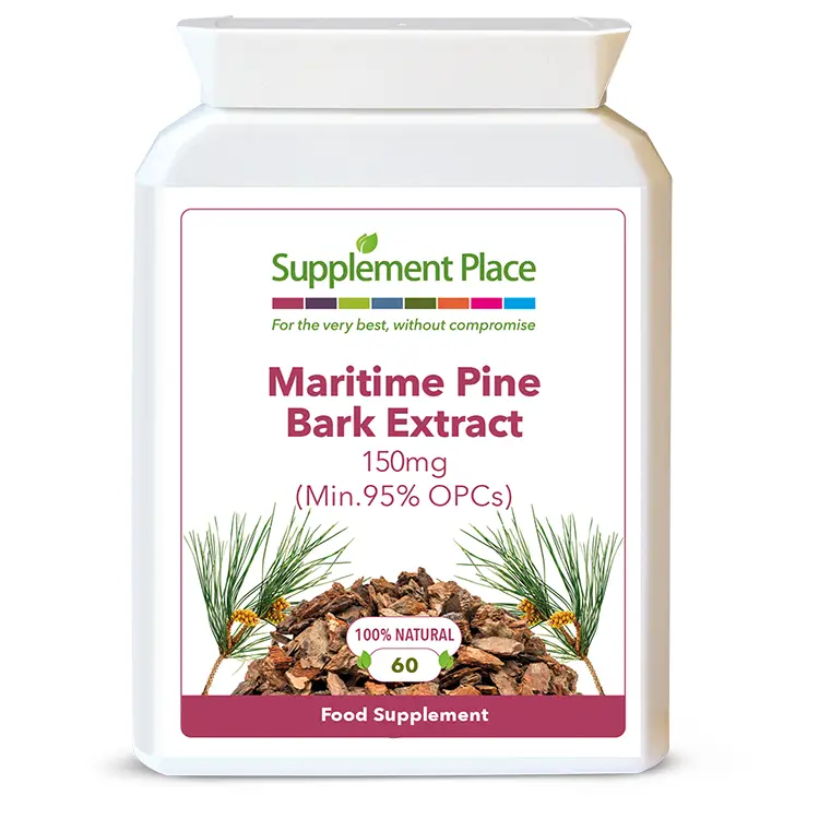 Maritime Pine Bark extract supplied in 150mg capsules providing a minimum of 95% OPCs in a letterbox-friendly pot. Front label