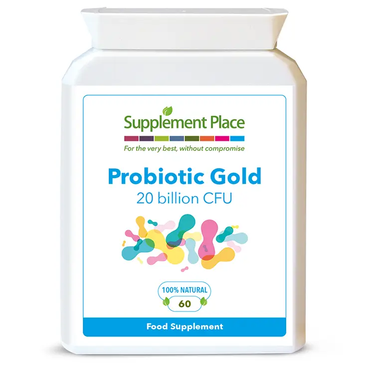 Probiotic Gold capsules containing 20 billion CFU and 6 different strains in a letter-box friendly pot. Front label