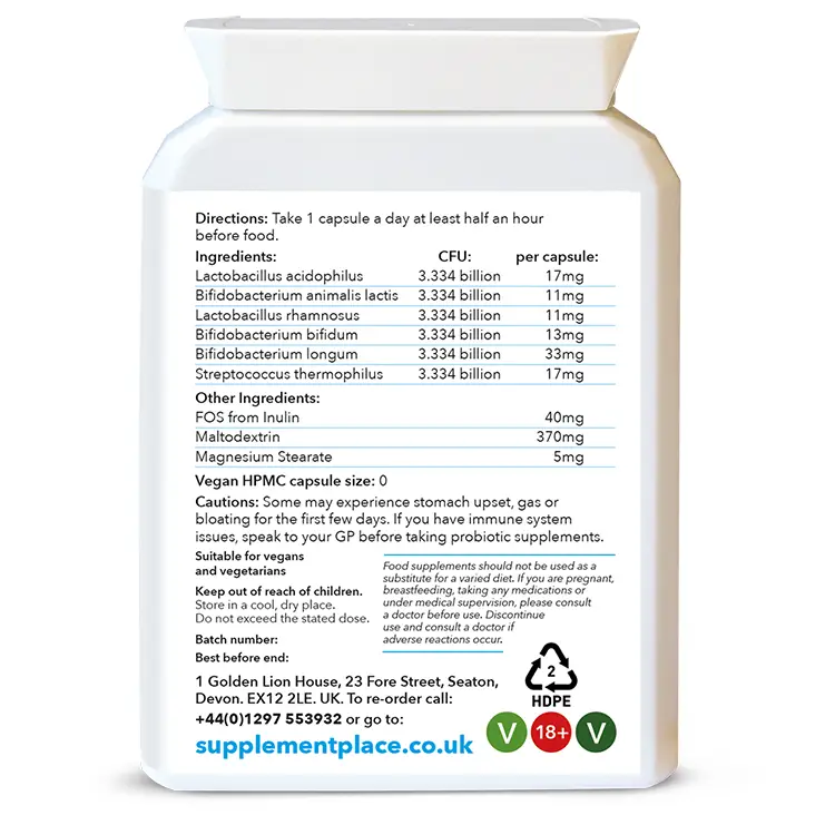 Probiotic Gold capsules containing 20 billion CFU and 6 different strains in a letter-box friendly pot. Rear label