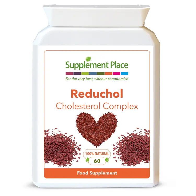 Reduchol Cholesterol Complex containing red yeast rice, Co Enzyme Q10 and policosanol supplied in a letter-box friendly pot. Front label