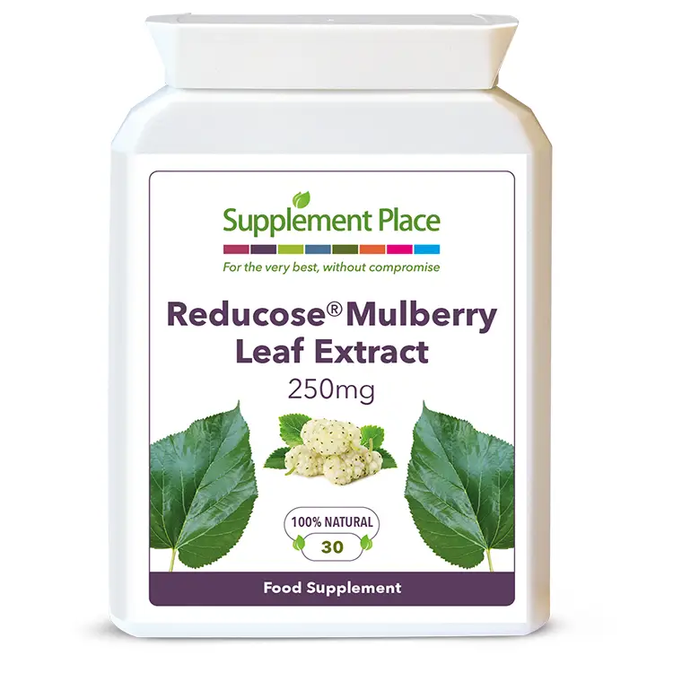 Reducose mulbery leaf extract supplied in 250mg capsules for blood sugar maintenance in a letterbox-friendly pot. Front label.