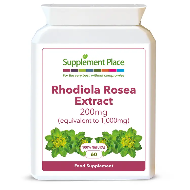 Rhodiola Rosea extract supplied in 200mg capsules, the equivalent of 1000mg providing a minimum of 3% rosavins. Front label.