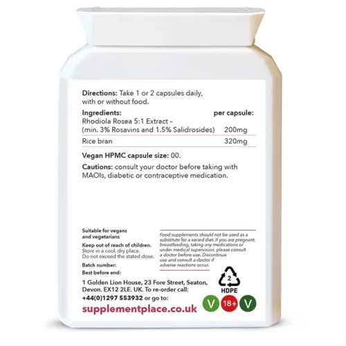 Rhodiola Rosea extract supplied in 200mg capsules, the equivalent of 1000mg providing a minimum of 3% rosavins. Rear label.