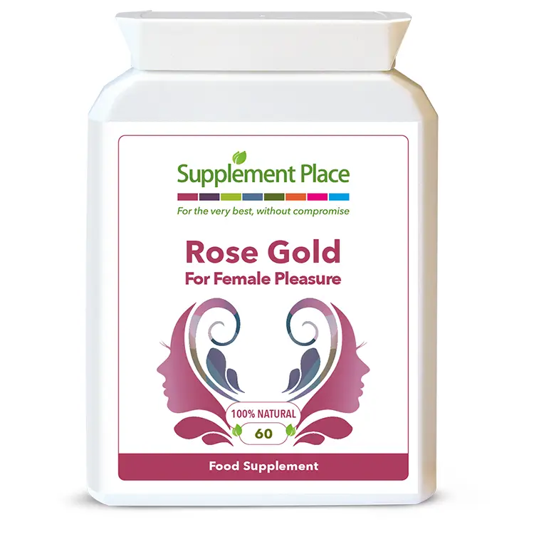 Rose Gold capsules containing 8 natural compounds for female libido in a letterbox-friendly pot. Front label.