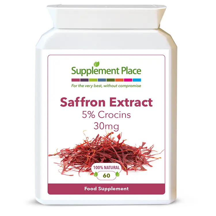Saffron extract supplied in 30mg capsules providing 5% crocins in a letterbox-friendly pot. Front label.