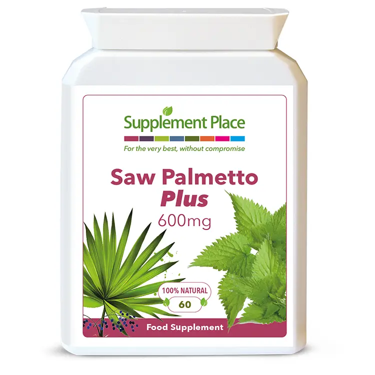 Saw Palmetto Plus provided in 600mg capsules containing Saw Palmetto, Lyconene and Nettle Extract. Front label.