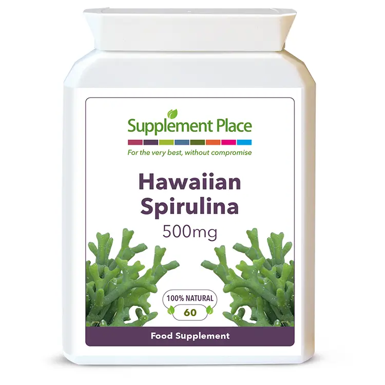 Hawaiin Spirulina provided in 500mg tablets in a letterbox-friendly pot. Front label.