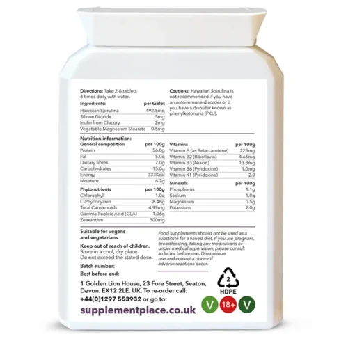 Hawaiin Spirulina provided in 500mg tablets in a letterbox-friendly pot. Rear label.