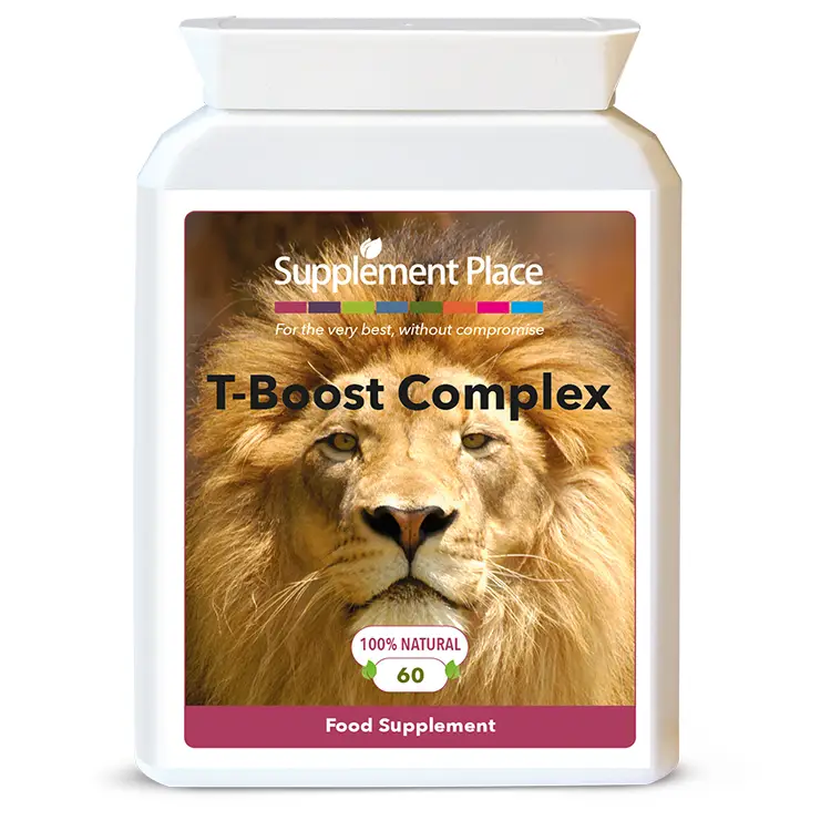 T-Boost Complex containing 8 natural compounds to support men's health supplied in a letterbox-friendly pot. Front Label