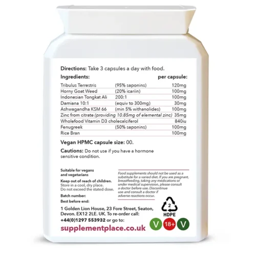T-Boost Complex containing 8 natural compounds to support men's health supplied in a letterbox-friendly pot. Rear Label