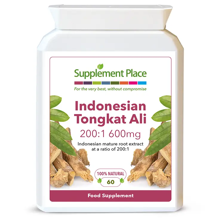 Indonesian Tongkat Ali supplied in 600mg capsules of a 200:1 extract in a letterbox-friendly pot. Front label.