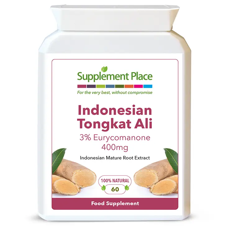 Indonesian Tongkat Ali supplied in 400mg capsules providing 3% eurycomanone in a letterbox-friendly pot. Front label.