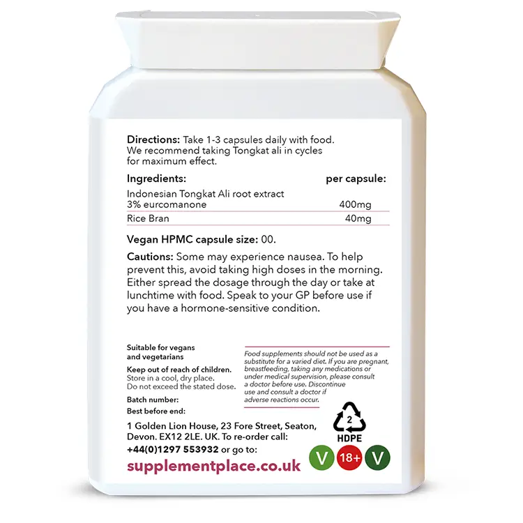 Indonesian Tongkat Ali supplied in 400mg capsules providing 3% eurycomanone in a letterbox-friendly pot. Rear label.