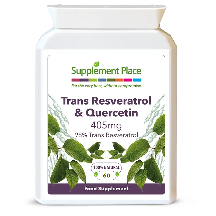 Trans Resveratrol and Quercetin 405mg capsules provided in a letterbox-friendly pot. Front Label.