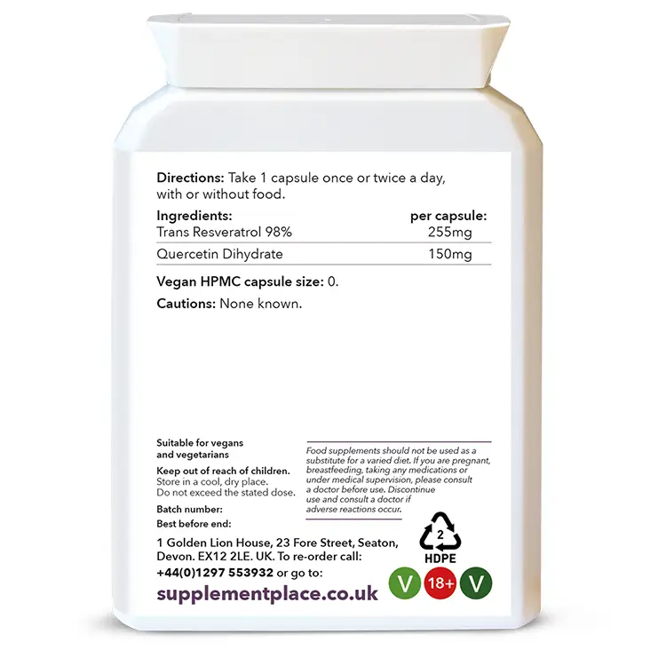 Trans Resveratrol and Quercetin 405mg capsules provided in a letterbox-friendly pot. Rear Label.