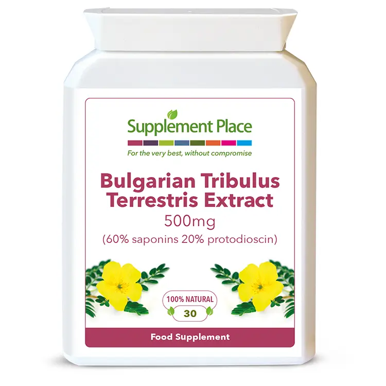Bulgarian Tribulus Terrestris supplied in 500mg capsules providing 60% saponins and 20% protodioscin in a letterbox-friendly pot. Front label.