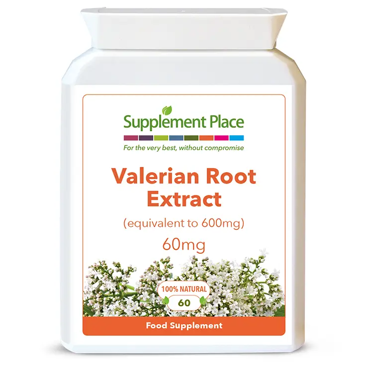Valerian root extract supplied in 60mg capsules, equivalent to 600mg providing 0.8% valerenic acids in a letterbox-friendly pot. Front label.