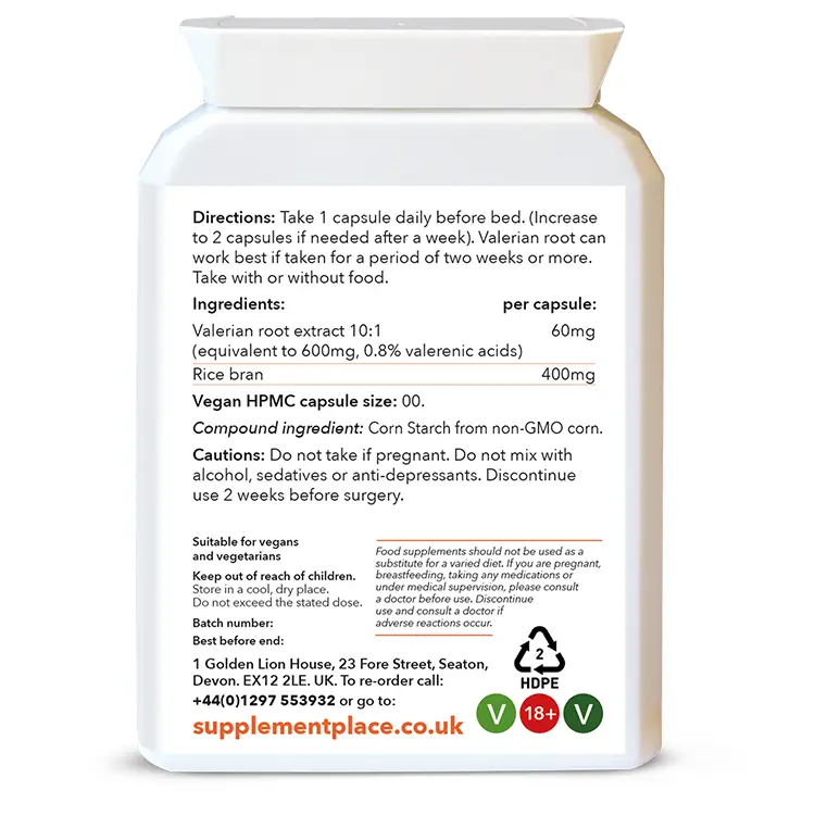 Valerian root extract supplied in 60mg capsules, equivalent to 600mg providing 0.8% valerenic acids in a letterbox-friendly pot. Front label.