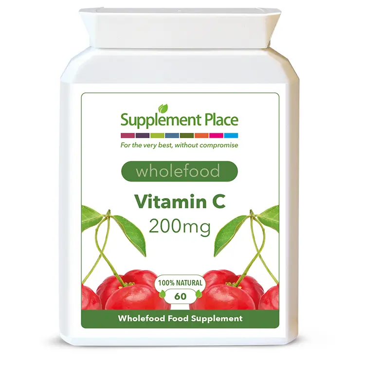 Wholefood Vitamin C supplied in 800mg capsules providing 200mg of natural Vitamin C from acerola cherry powder. Front label.